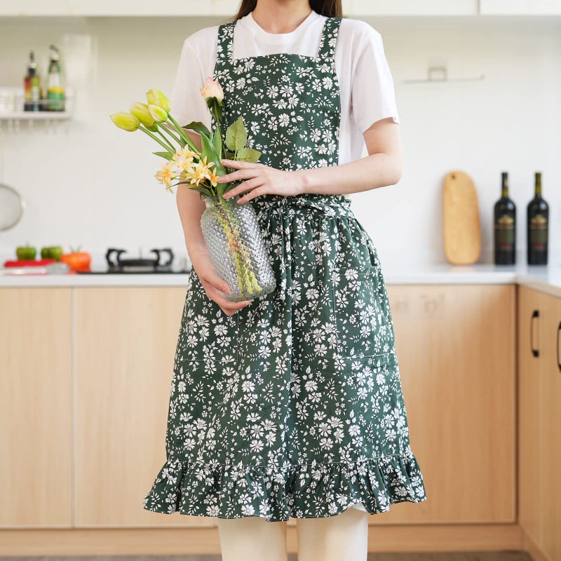 Pinknoke Vintage Pinafore Apron Dress for Women with Pockets Cute Floral Chef Aprons for Kitchen Cooking Baking Gardening (Green) - Image 2