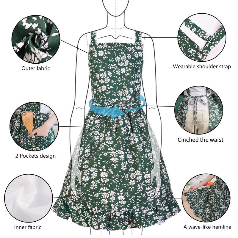 Pinknoke Vintage Pinafore Apron Dress for Women with Pockets Cute Floral Chef Aprons for Kitchen Cooking Baking Gardening (Green) - Image 4