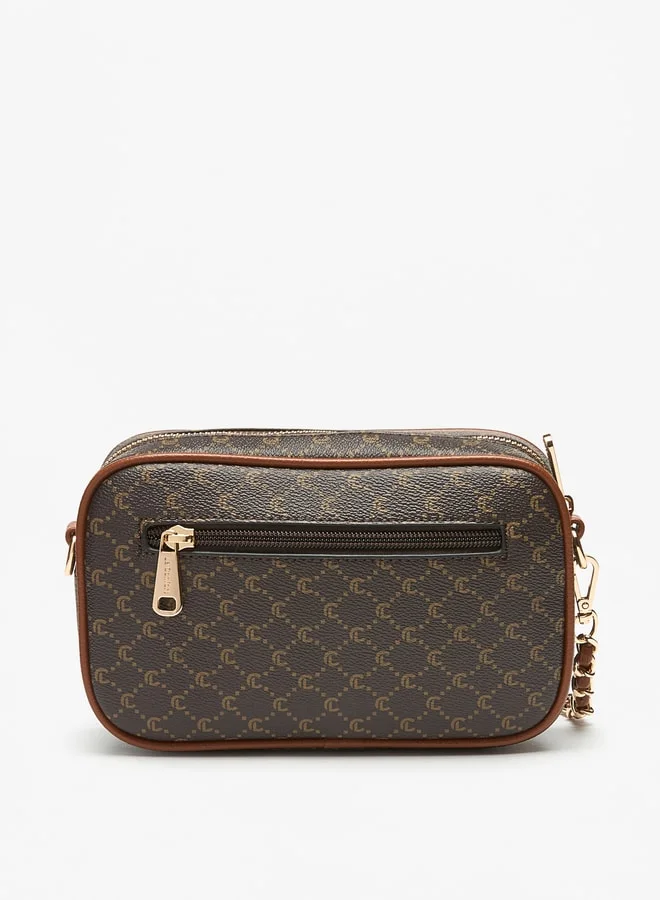 Le Confort Le Confort All-Over Monogram Print Crossbody Bag with Chain Strap and Zip Closure