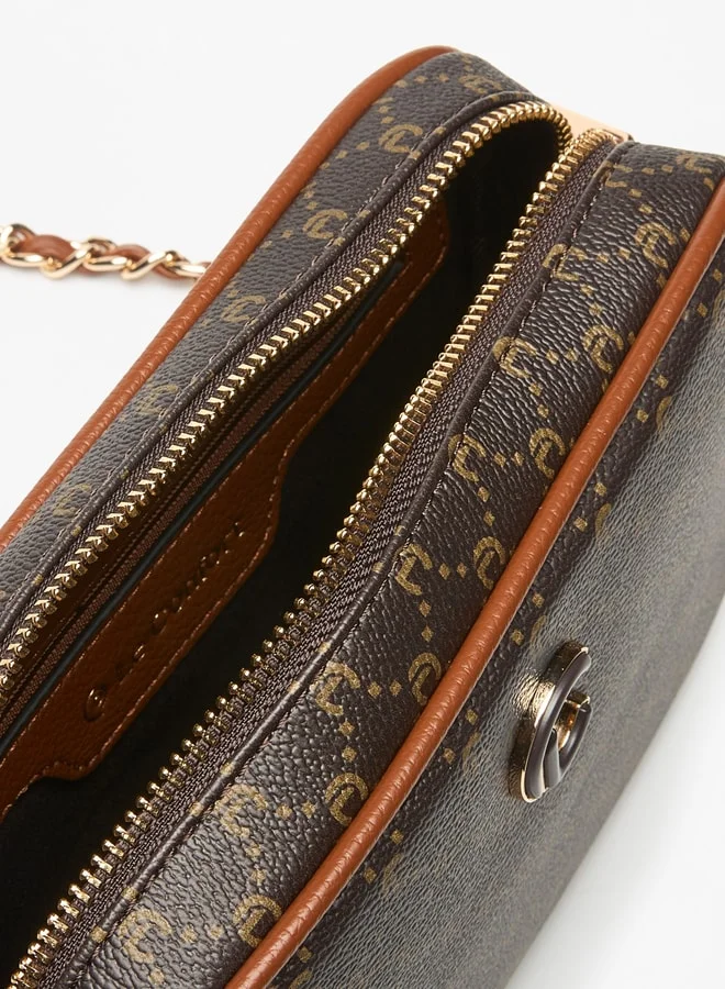 Le Confort Le Confort All-Over Monogram Print Crossbody Bag with Chain Strap and Zip Closure