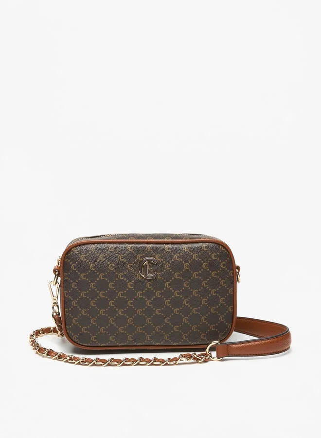 Le Confort Le Confort All-Over Monogram Print Crossbody Bag with Chain Strap and Zip Closure