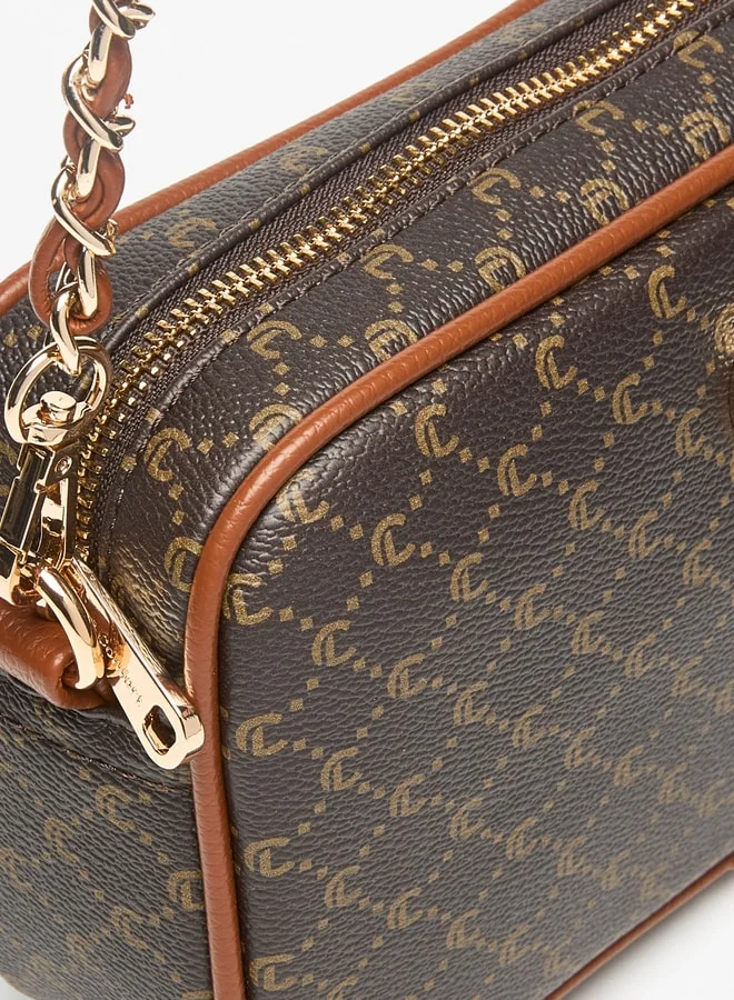 Le Confort Le Confort All-Over Monogram Print Crossbody Bag with Chain Strap and Zip Closure