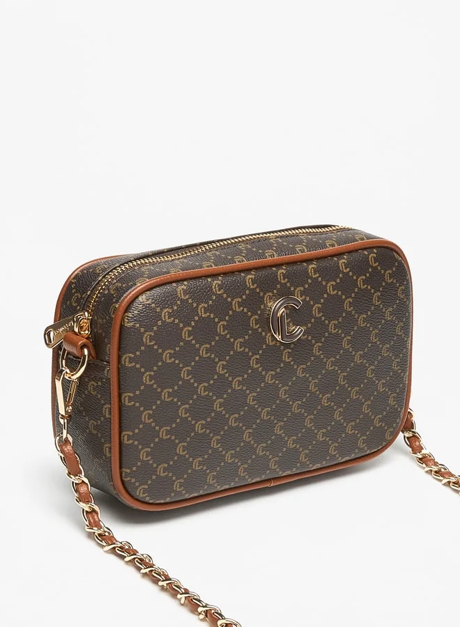 Le Confort Le Confort All-Over Monogram Print Crossbody Bag with Chain Strap and Zip Closure