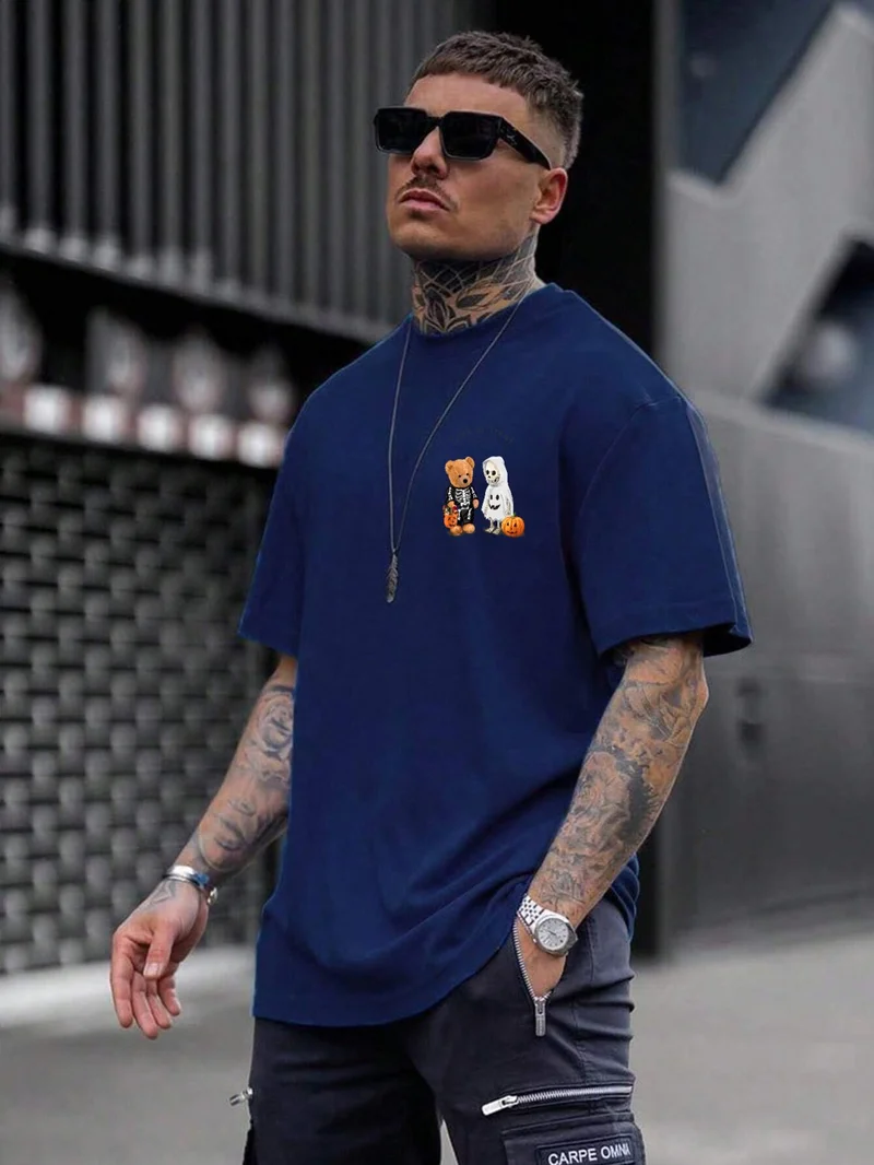 دوغ فش Teddy Printed Oversize Navy Blue Men's T-Shirt