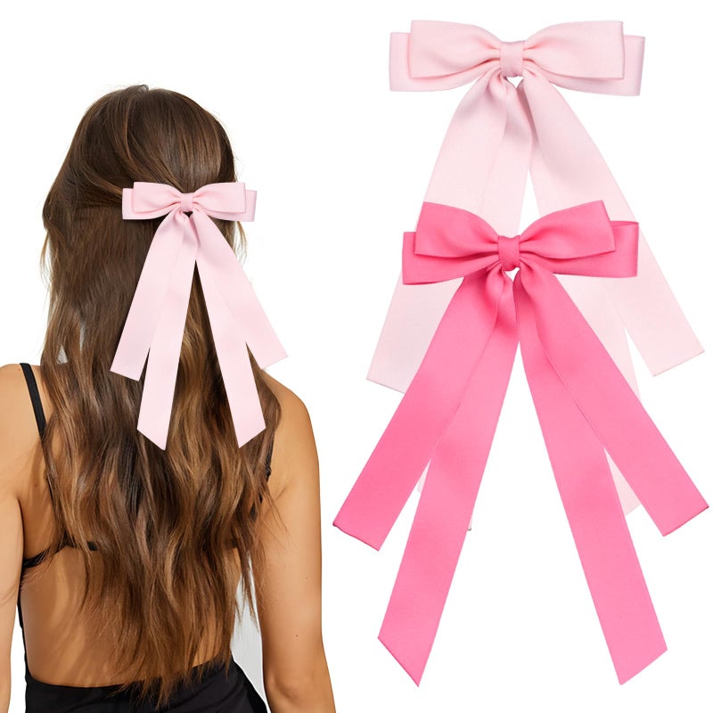 MIKONIKO Bow Hair Clips 2PCS Set for Women and Girls Black White Ribbon Bows for Hair with Long Tail Alligator Clip Pink Hot Pink - Image 3
