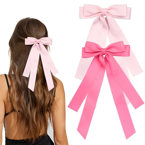 MIKONIKO Bow Hair Clips 2PCS Set for Women and Girls Black White Ribbon Bows for Hair with Long Tail Alligator Clip Pink Hot Pink - Image 1