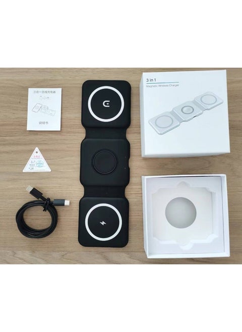 Three-in-one magnetic wireless charger factory direct magnetic wireless charger folding for Apple mobile phone watch S30 black with packaging box