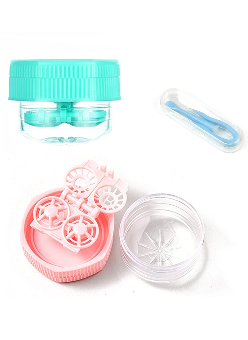 Stylish Cartoon Contact Lens Case Kit 2 Pack Portable Travel Storage with Cleaning Container and Tweezers Pink Green