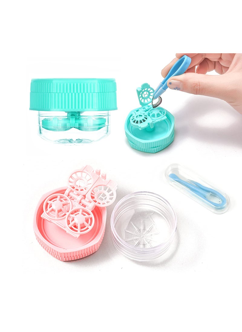 Generic Stylish Cartoon Contact Lens Case Kit 2 Pack Portable Travel Storage with Cleaning Container and Tweezers Pink Green  - Image 1