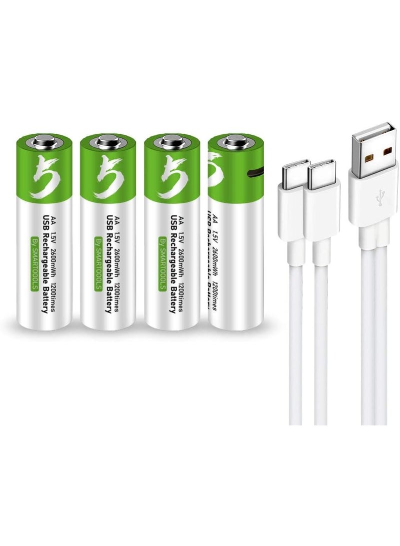 AA Batteries,4 Pack 1.5V 2600mAh Lithium-Ion Rechargeable AA Batteries, High Capacity 1.5H AA Rechargeable Battery, 1200 Cycles Fast Charging with Type-C Port Cable, Stable Output, 4 Pack  - Image 1
