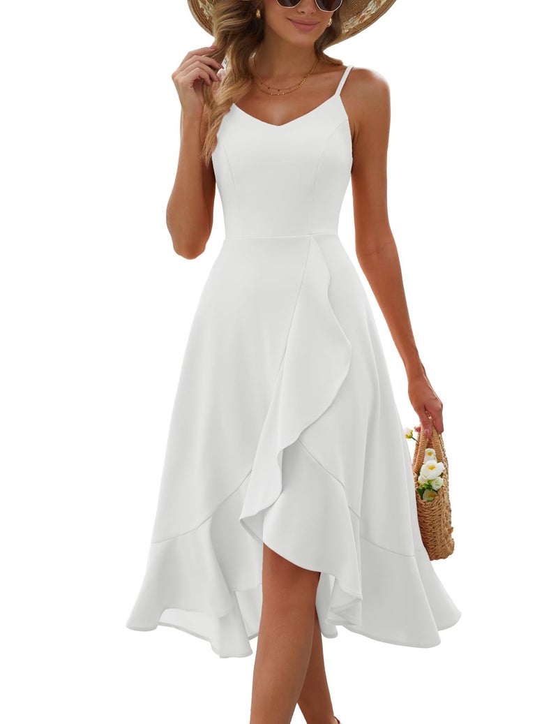 DRESSTELLS Cocktail Dress for Women, Summer Formal Wedding Guest Church Bridesmaid Prom Party Fit Flare Spaghetti Strap Dresses White XL - Image 1