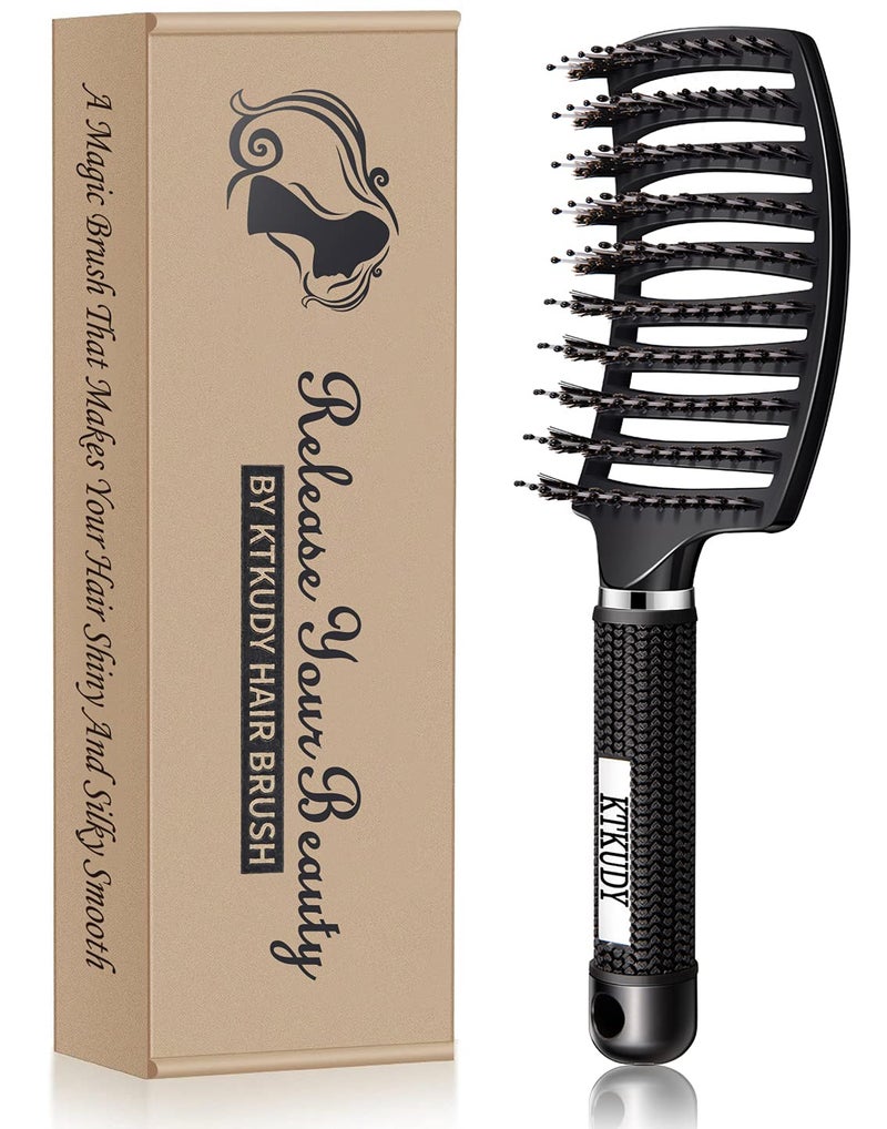 KTKUDY Detangling Hair Brush  Boar Bristle  TangleFree Design for Kids Women and Men  Perfect for Wet and Dry Hair  Smooth Magical PainFree Styling Black