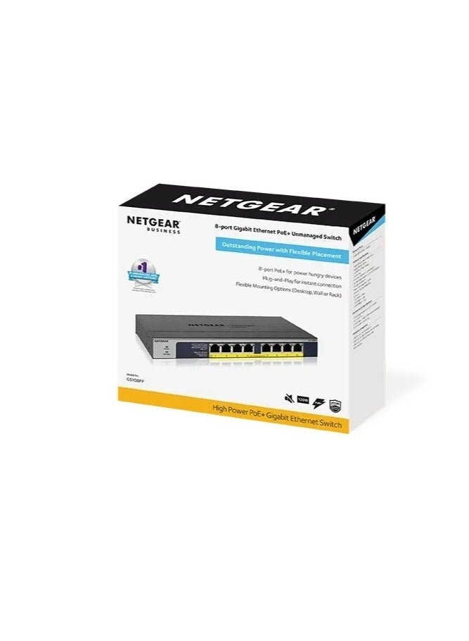 مفتاح إيثرنت جيجابت 8 منافذ عالي الطاقة PoE+ غير مُدار مع FlexPoE (123 واط)