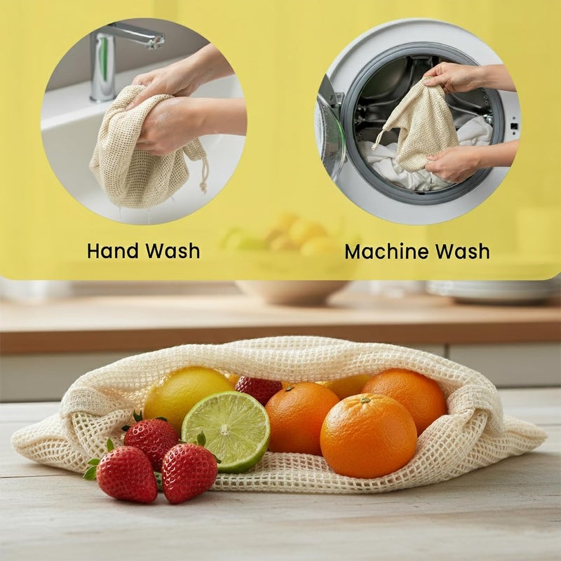 WRAPZY 100% Cotton Reusable Vegetable Bags for Fridge | Eco-Friendly Drawstring Storage Bags | Washable Breathable Mesh Bag | Multi-Purpose Cotton Mesh | Pack of 6 - Image 5