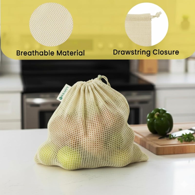 WRAPZY 100% Cotton Reusable Vegetable Bags for Fridge | Eco-Friendly Drawstring Storage Bags | Washable Breathable Mesh Bag | Multi-Purpose Cotton Mesh | Pack of 6 - Image 3