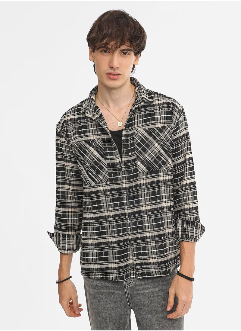 Campus Sutra Men's Utility Tartan Plaid Oversized Shirt