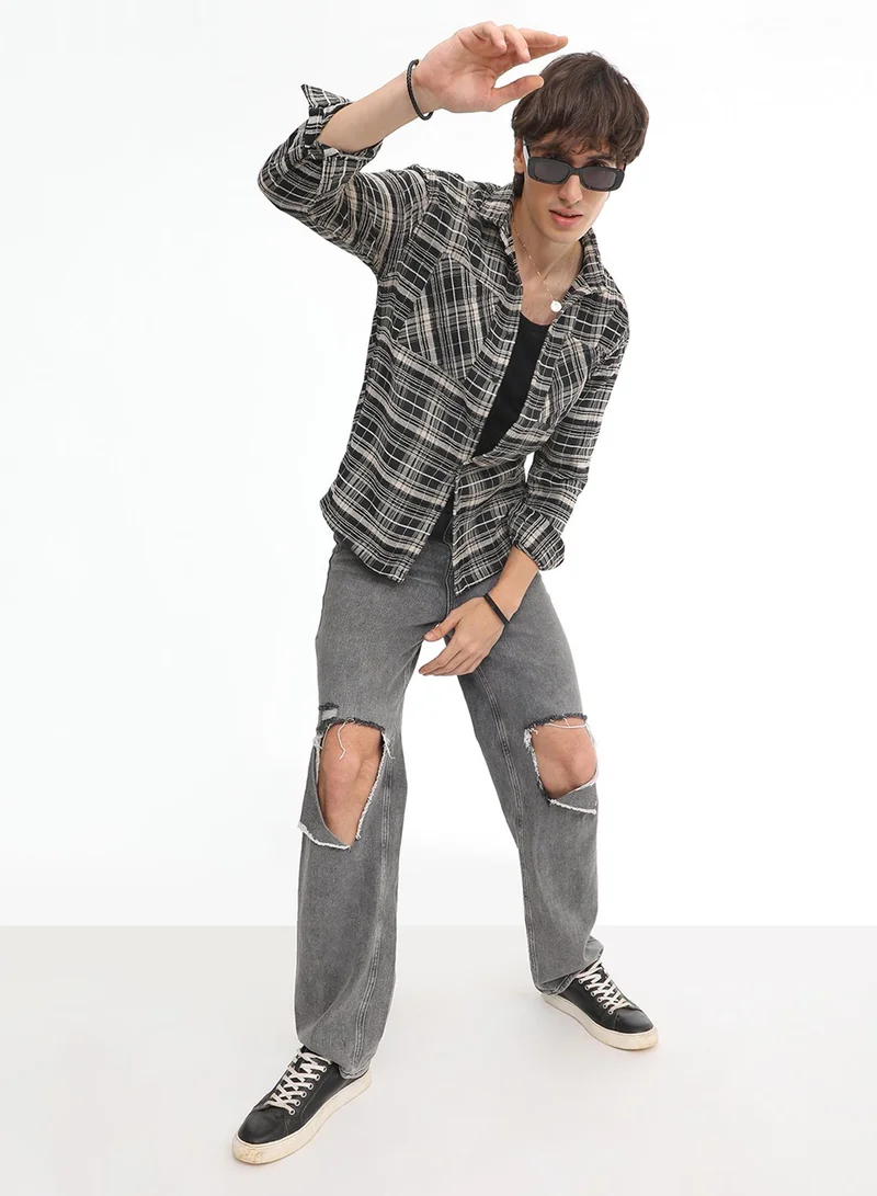 Campus Sutra Men's Utility Tartan Plaid Oversized Shirt