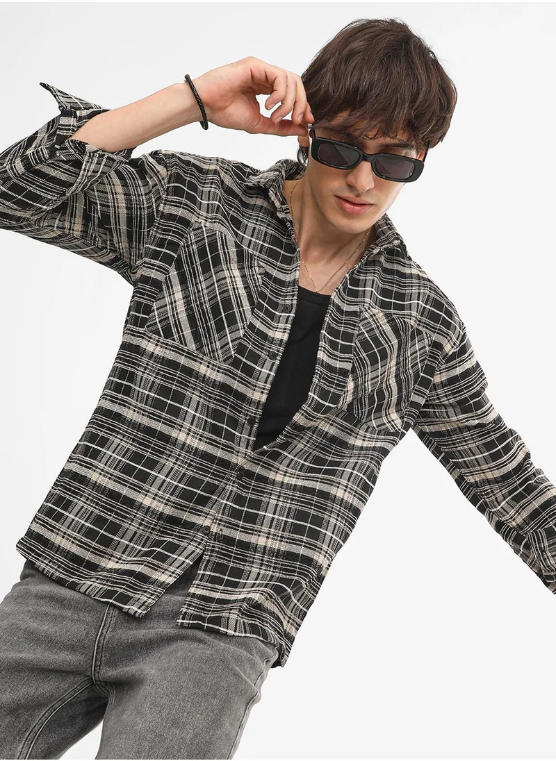 Campus Sutra Men's Utility Tartan Plaid Oversized Shirt