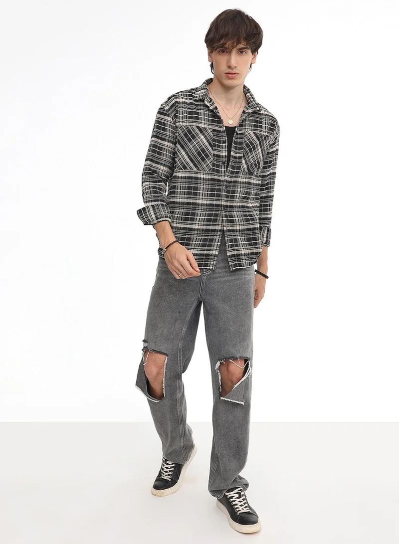 Campus Sutra Men's Utility Tartan Plaid Oversized Shirt