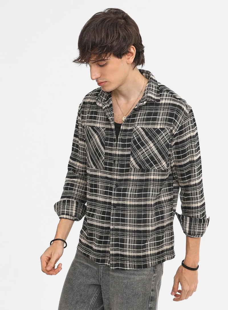 Campus Sutra Men's Utility Tartan Plaid Oversized Shirt