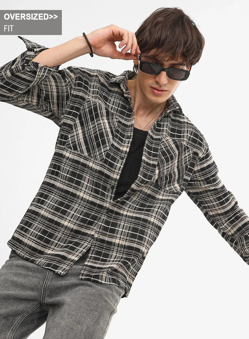 Campus Sutra Men's Utility Tartan Plaid Oversized Shirt