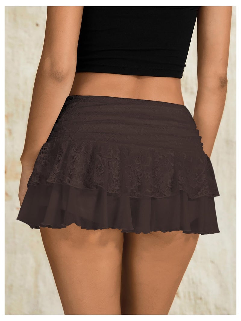 Skirt Y2k Lace Ruffle Mini Mesh High Waist Brown - Image 2