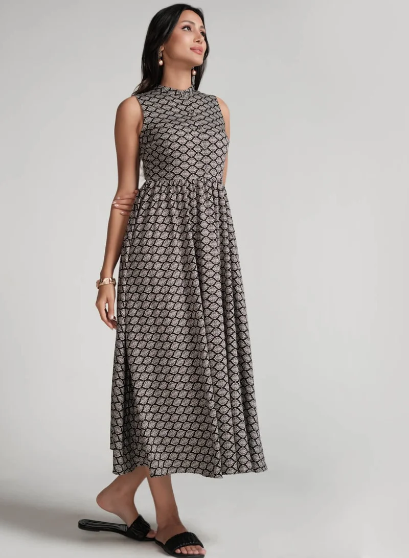 Zigzag Printed High-Neck Dress