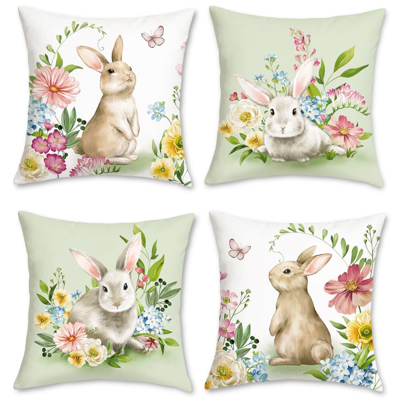 Bonhause Spring Easter Bunny Throw Pillow Covers 18x18 Set of 4 Rabbit Decorative Pillows Case Soft Velvet Cushion Covers for Couch Sofa Patio Garden Spring Decor