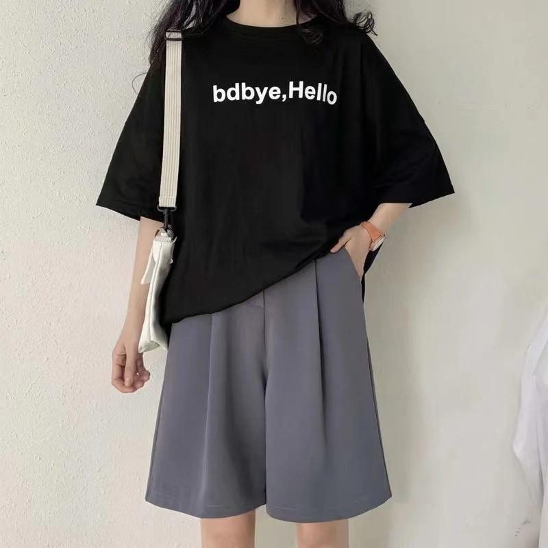 Suit Shorts Womens Summer High Waist 2022 Spring and Summer Thin Loose Half Pants Straight Hong Kong Flavor A- Shape Casual Pants Grey - Image 1
