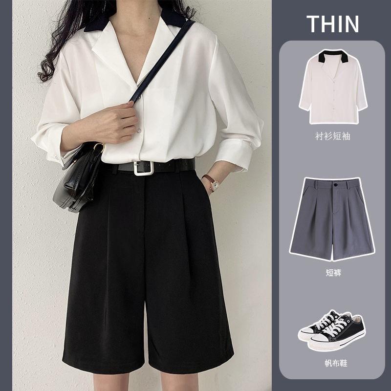 Suit Shorts Womens Summer High Waist 2022 Spring and Summer Thin Loose Half Pants Straight Hong Kong Flavor A- Shape Casual Pants Grey - Image 2