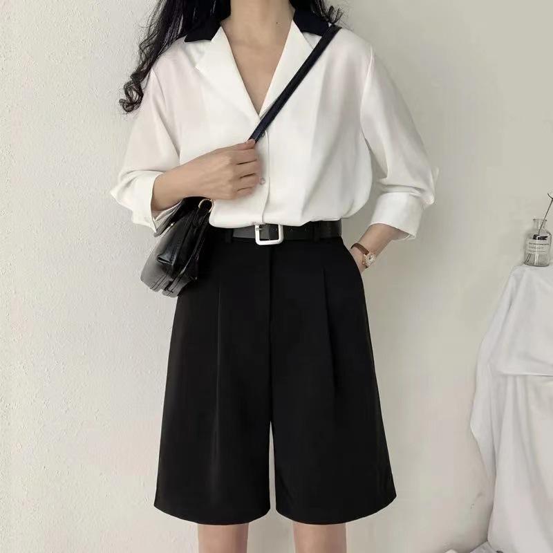 Suit Shorts Womens Summer High Waist 2022 Spring and Summer Thin Loose Half Pants Straight Hong Kong Flavor A- Shape Casual Pants Grey - Image 5