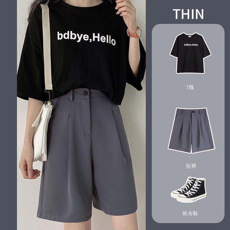 Suit Shorts Womens Summer High Waist 2022 Spring and Summer Thin Loose Half Pants Straight Hong Kong Flavor A- Shape Casual Pants Grey - Image 4