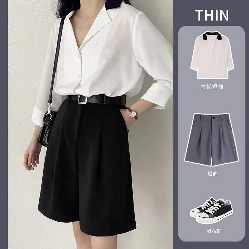 Suit Shorts Womens Summer High Waist 2022 Spring and Summer Thin Loose Half Pants Straight Hong Kong Flavor A- Shape Casual Pants Grey - Image 3