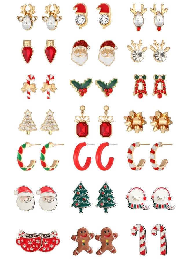 طقم أقراط مرصعة لعيد الميلاد للنساء والفتيات، أقراط لطيفة على شكل شجرة عيد الميلاد وفيونكة ومصباح كهربائي، هدايا عائلية لعيد الميلاد (21 زوجًا)