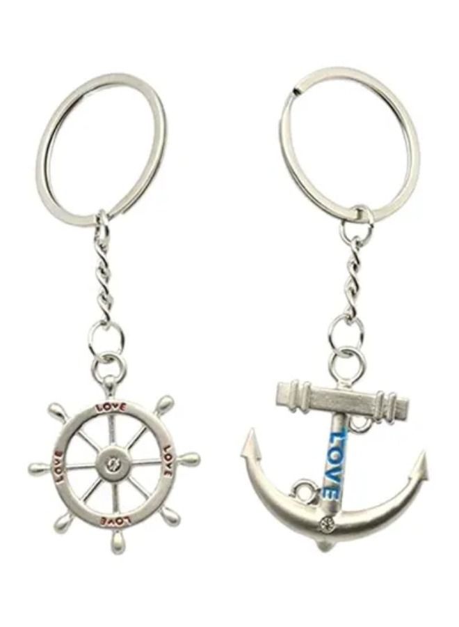 مفتاحين على شكل مرساة بحرية وعجلة قيادة سفينة بحرية 2 قطعة لون فضي عتيق - Image 1