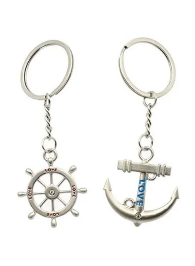 مفتاحين على شكل مرساة بحرية وعجلة قيادة سفينة بحرية 2 قطعة لون فضي عتيق - Image 3