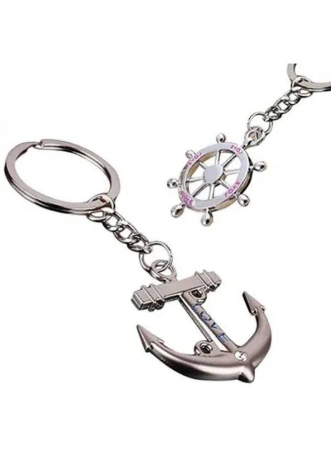 مفتاحين على شكل مرساة بحرية وعجلة قيادة سفينة بحرية 2 قطعة لون فضي عتيق - Image 2