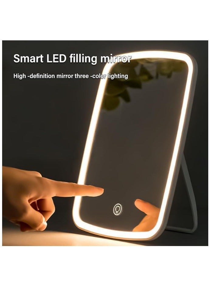 مرآة مكياج LED بشاشة تعمل باللمس مضيئة بثلاثة ألوان سطوع قابلة للتعديل مع إمكانية إعادة الشحن عبر USB ومرآة مكياج محمولة على سطح الطاولة - Image 3