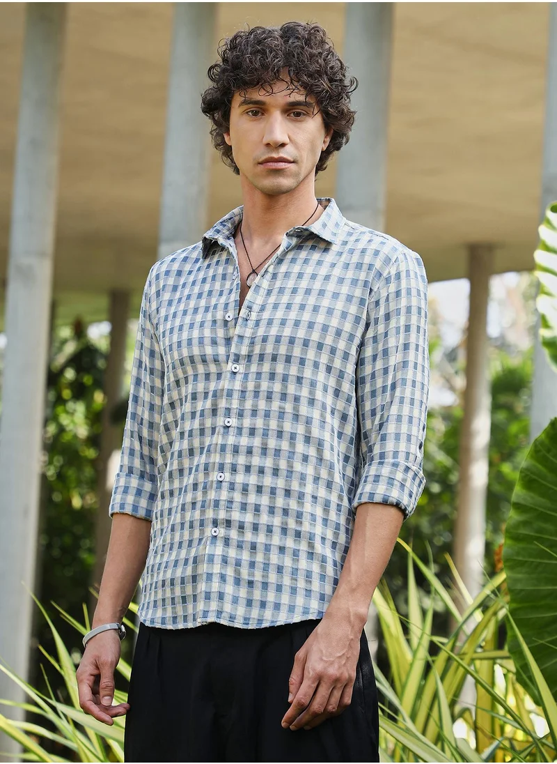 كامبوس سوترا Men's Steel Blue & Cream White Glen Check Shirt