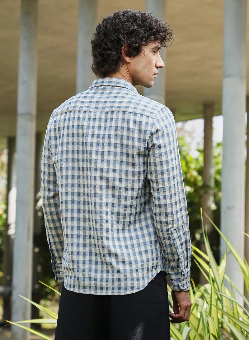 Campus Sutra Men's Steel Blue & Cream White Glen Check Shirt