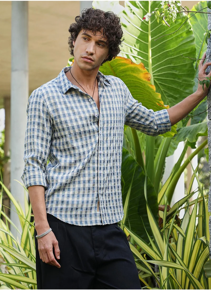 كامبوس سوترا Men's Steel Blue & Cream White Glen Check Shirt
