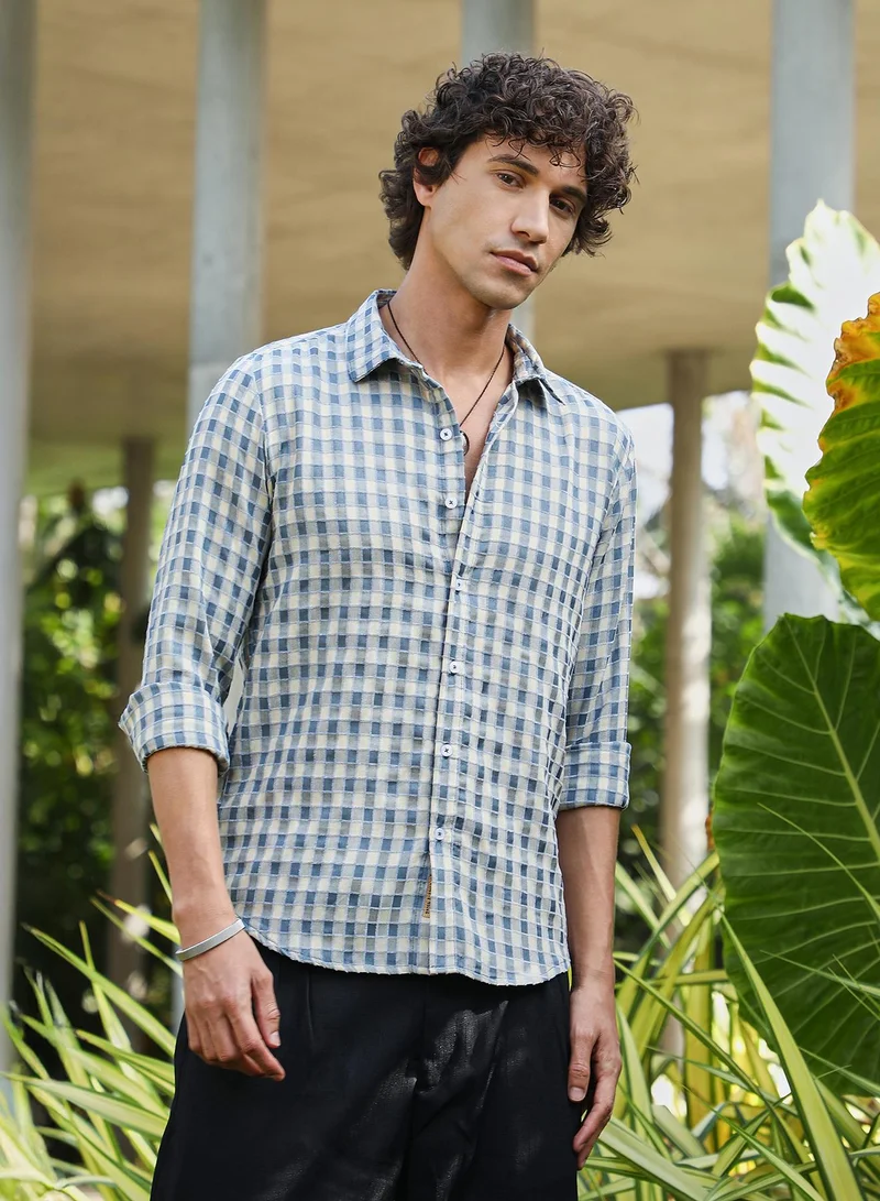 Campus Sutra Men's Steel Blue & Cream White Glen Check Shirt