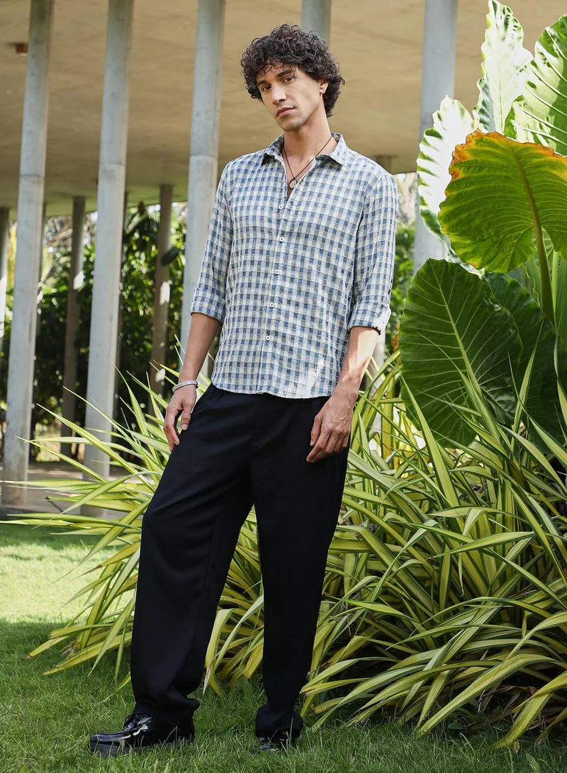 Campus Sutra Men's Steel Blue & Cream White Glen Check Shirt