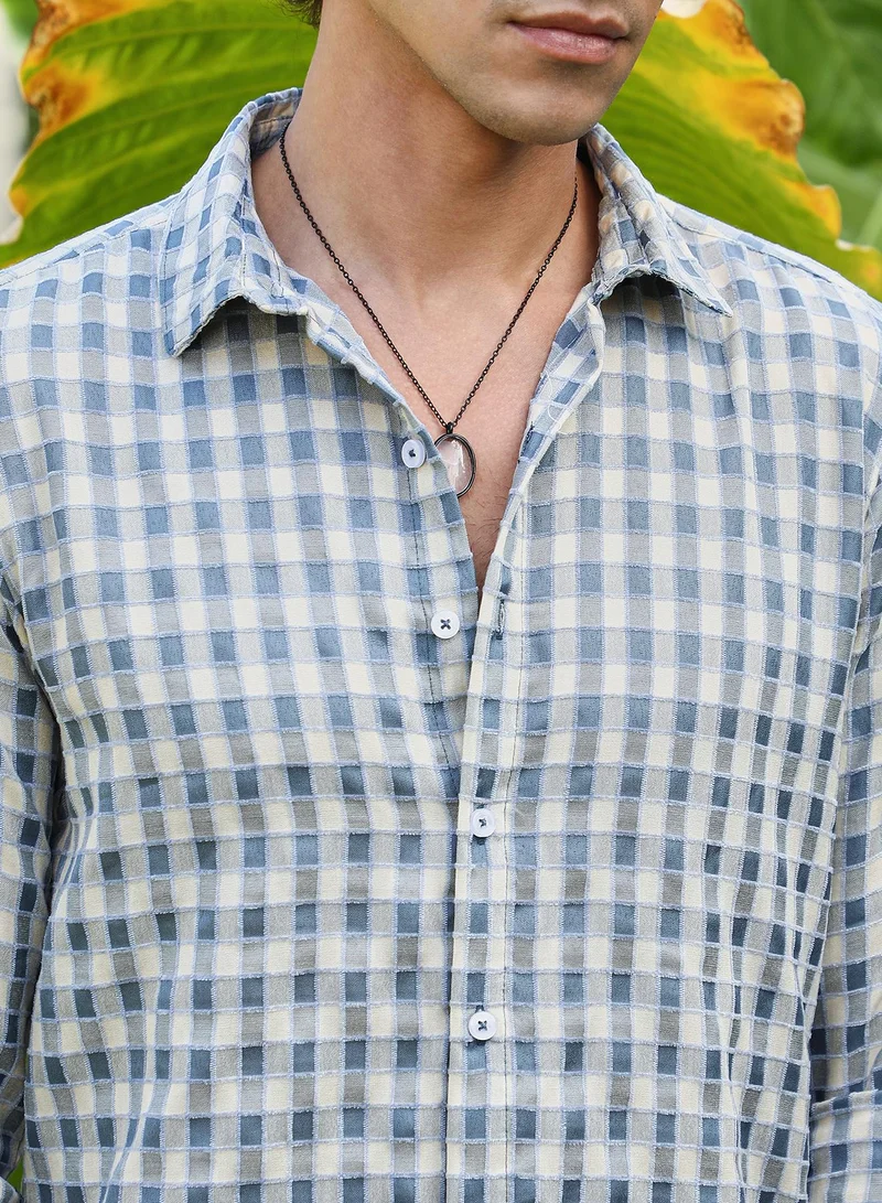Campus Sutra Men's Steel Blue & Cream White Glen Check Shirt