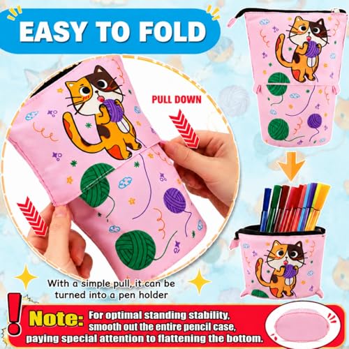 Acshio 4 Pack Standing Pencil Case Cute Cat Telescopic Pencil Storage Pouch Stationery Case Portable Stand Up Makeup Bag Pencil Canvas Holder for Office Supplies Cosmetics - Image 3