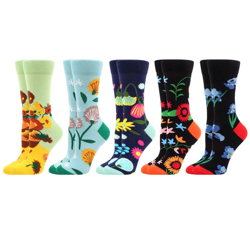 WeciBor Women's Funny Colorful Floral Pattern Socks, 5 Pairs Multicolor Flower, Size 8-12 - Image 1