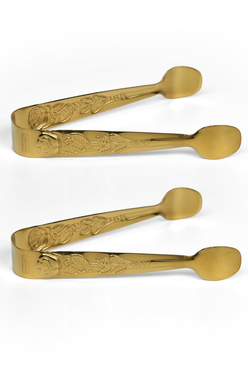 بيرام ملقط سكر بيرم - ملقط صغير من الفولاذ المقاوم للصدأ لمكعبات السكر والثلج والوجبات الخفيفة وحفلات الشاي - متين ومقاوم للصدأ (2، ذهبي، تصميم المقبض) - Image 1