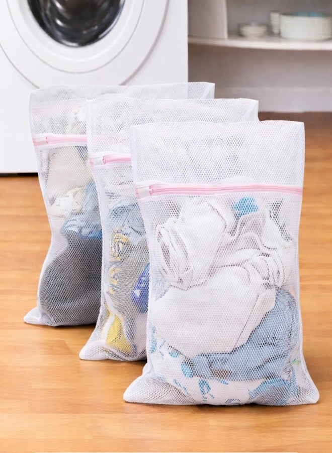 DecorTwist Mesh Laundry Wash Bag Set (Pack of 3) | Zippered Clothes Washing Net for Delicates, Innerwear, Lingerie & Baby Clothes (White, Medium – Pack of 3 (40x50 cm)) - Image 1