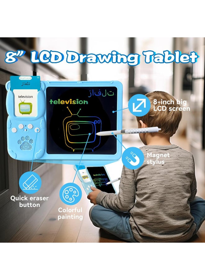TFiOXL بطاقات تعليمية ناطقة بالإنجليزية والعربية للأطفال مع جهاز لوحي للكتابة بشاشة LCD مقاس 8 بوصات ثنائي اللغة 510 كلمة بصرية للأطفال من 3 إلى 12 عامًا لوحة رسم أزرق للاستخدام اليومي والتعلم المنزلي والهدايا - Image 2