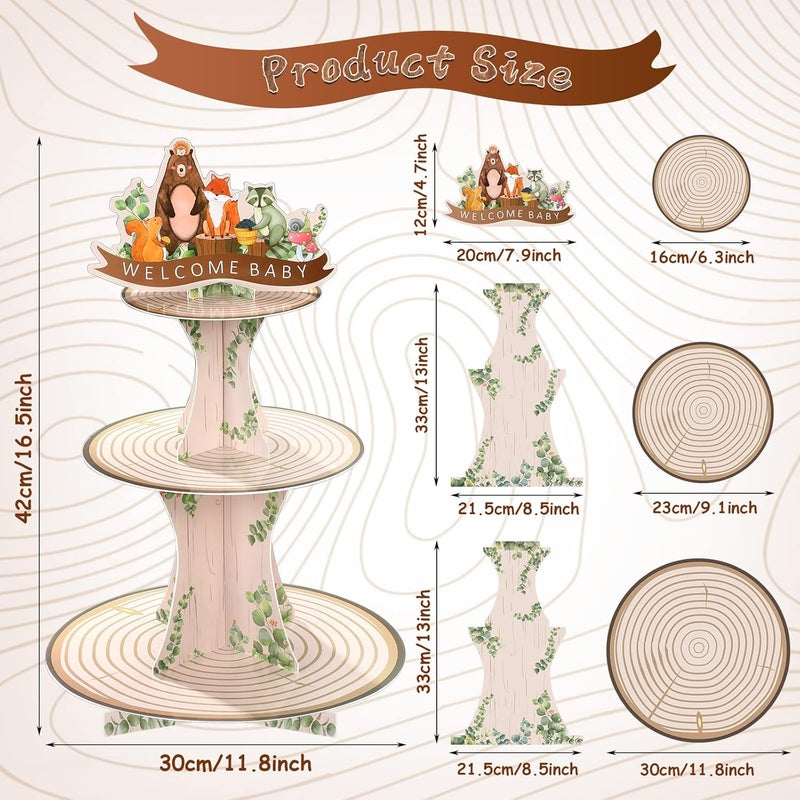 كلاراكو ديكورات حفل استقبال الطفل في الغابة، حامل كب كيك في الغابة، حامل كب كيك خشبي بثلاث طبقات بتصميم حيوانات الغابة الريفية، مخلوقات الغابة، حفلة ترحيبية بموضوع حطاب الغابة للأولاد والبنات، لوازم حفلات الترحيب - Image 2